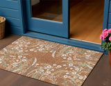 3' X 5' Chili Red Ivory And Green Floral Washable Indoor Outdoor Area Rug