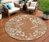 8' Chili Red Ivory And Green Round Floral Washable Indoor Outdoor Area Rug
