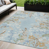 5' X 8' Sky Blue Ivory And Brown Floral Washable Indoor Outdoor Area Rug