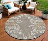 8' Taupe Green And Ivory Round Floral Washable Indoor Outdoor Area Rug