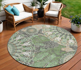 8' Green Ivory And Gold Round Paisley Washable Indoor Outdoor Area Rug