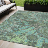 5' X 8' Olive Green Blue And Gray Paisley Washable Indoor Outdoor Area Rug
