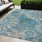 5' X 8' Teal Blue Khaki And Ivory Paisley Washable Indoor Outdoor Area Rug