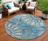 8' Teal Blue Khaki And Ivory Round Paisley Washable Indoor Outdoor Area Rug