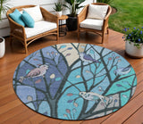 8' Blue Beige And Khaki Round Botanical Leaves Washable Indoor Outdoor Area Rug