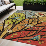 5' X 8' Gold Red And Green Botanical Leaves Washable Indoor Outdoor Area Rug