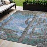 5' X 8' Brown Blue And Taupe Cactus Washable Indoor Outdoor Area Rug