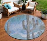 8' Brown Blue And Taupe Round Cactus Washable Indoor Outdoor Area Rug