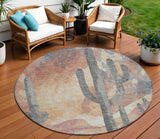 8' Copper Blue And Wheat Round Cactus Washable Indoor Outdoor Area Rug