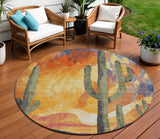 8' Terra Cotta Blue And Plum Round Cactus Washable Indoor Outdoor Area Rug