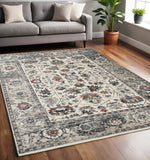 5' X 8' Cream Gray And Red Floral Medallion Area Rug