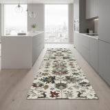 8' Cream Gray And Red Floral Medallion Runner Rug