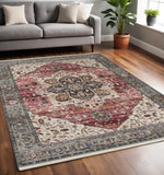 5' X 8' Pink Cream And Gray Medallion Area Rug