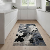 8' Blue Cream And Black Botanical Leaves Runner Rug