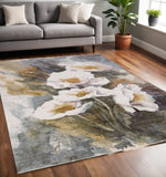 5' X 8' Cream Blue And Yellow Botanical Leaves Area Rug
