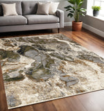 5' X 8' Black Dark Green And Beige Abstract Area Rug