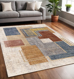 5' X 8' Cream Blue And Brown Geometric Area Rug