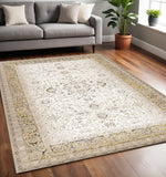 5' X 8' Cream Black And Tan Medallion Area Rug