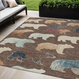 5' X 8' Chocolate Ivory And Blue Bear Washable Indoor Outdoor Area Rug