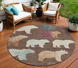 8' Chocolate Ivory And Blue Round Bear Washable Indoor Outdoor Area Rug