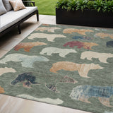 5' X 8' Green Ivory And Copper Bear Washable Indoor Outdoor Area Rug