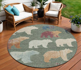 8' Green Ivory And Copper Round Bear Washable Indoor Outdoor Area Rug