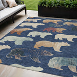 5' X 8' Navy Blue Ivory And Beige Bear Washable Indoor Outdoor Area Rug