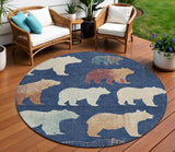 8' Navy Blue Ivory And Beige Round Bear Washable Indoor Outdoor Area Rug