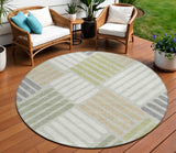 8' Artichoke Green Ivory And Gray Round Geometric Washable Indoor Outdoor Area Rug
