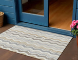3' X 5' Ivory Khaki And Beige Striped Washable Indoor Outdoor Area Rug