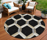 8' Black Ivory And Wheat Round Geometric Washable Indoor Outdoor Area Rug