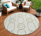 8' Artichoke Green And Ivory Round Geometric Washable Indoor Outdoor Area Rug