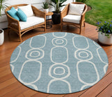 8' Aqua And Ivory Round Geometric Washable Indoor Outdoor Area Rug