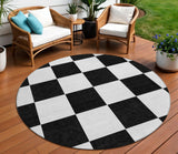 8' Black And White Round Geometric Washable Indoor Outdoor Area Rug