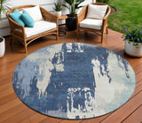 8' Blue And Ivory Round Abstract Washable Indoor Outdoor Area Rug