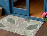 3' X 5' Fern Green And Ivory Botanical Leaves Washable Indoor Outdoor Area Rug