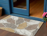 3' X 5' Linen Ivory And Brown Botanical Leaves Washable Indoor Outdoor Area Rug