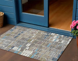 3' X 5' Taupe Ivory And Blue Abstract Washable Indoor Outdoor Area Rug