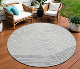 8' Gray And Ivory Round Striped Washable Indoor Outdoor Area Rug