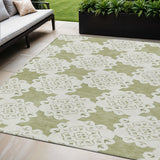 5' X 8' Artichoke Green And Ivory Quatrefoil Washable Indoor Outdoor Area Rug