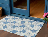 3' X 5' Blue And Ivory Quatrefoil Washable Indoor Outdoor Area Rug