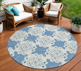 8' Blue And Ivory Round Quatrefoil Washable Indoor Outdoor Area Rug