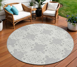 8' Gray And Ivory Round Quatrefoil Washable Indoor Outdoor Area Rug