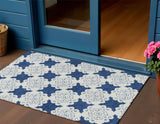 3' X 5' Navy Blue And Ivory Quatrefoil Washable Indoor Outdoor Area Rug