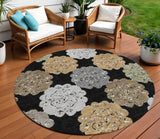 8' Black Ivory And Khaki Round Quatrefoil Washable Indoor Outdoor Area Rug