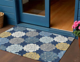 3' X 5' Navy Blue Ivory And Gold Quatrefoil Washable Indoor Outdoor Area Rug