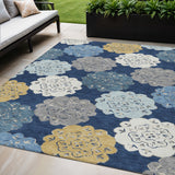 5' X 8' Navy Blue Ivory And Gold Quatrefoil Washable Indoor Outdoor Area Rug