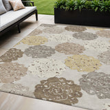 5' X 8' Pearl Ivory And Wheat Quatrefoil Washable Indoor Outdoor Area Rug