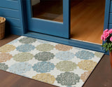 3' X 5' Pacific Blue Ivory And Copper Quatrefoil Washable Indoor Outdoor Area Rug