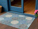 3' X 5' Teal Blue Beige And Ivory Quatrefoil Washable Indoor Outdoor Area Rug